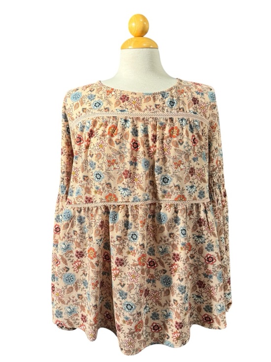 Knox Rose Tops - Knox Rose Beige Floral Tiered Tunic with Blue and Red Accents